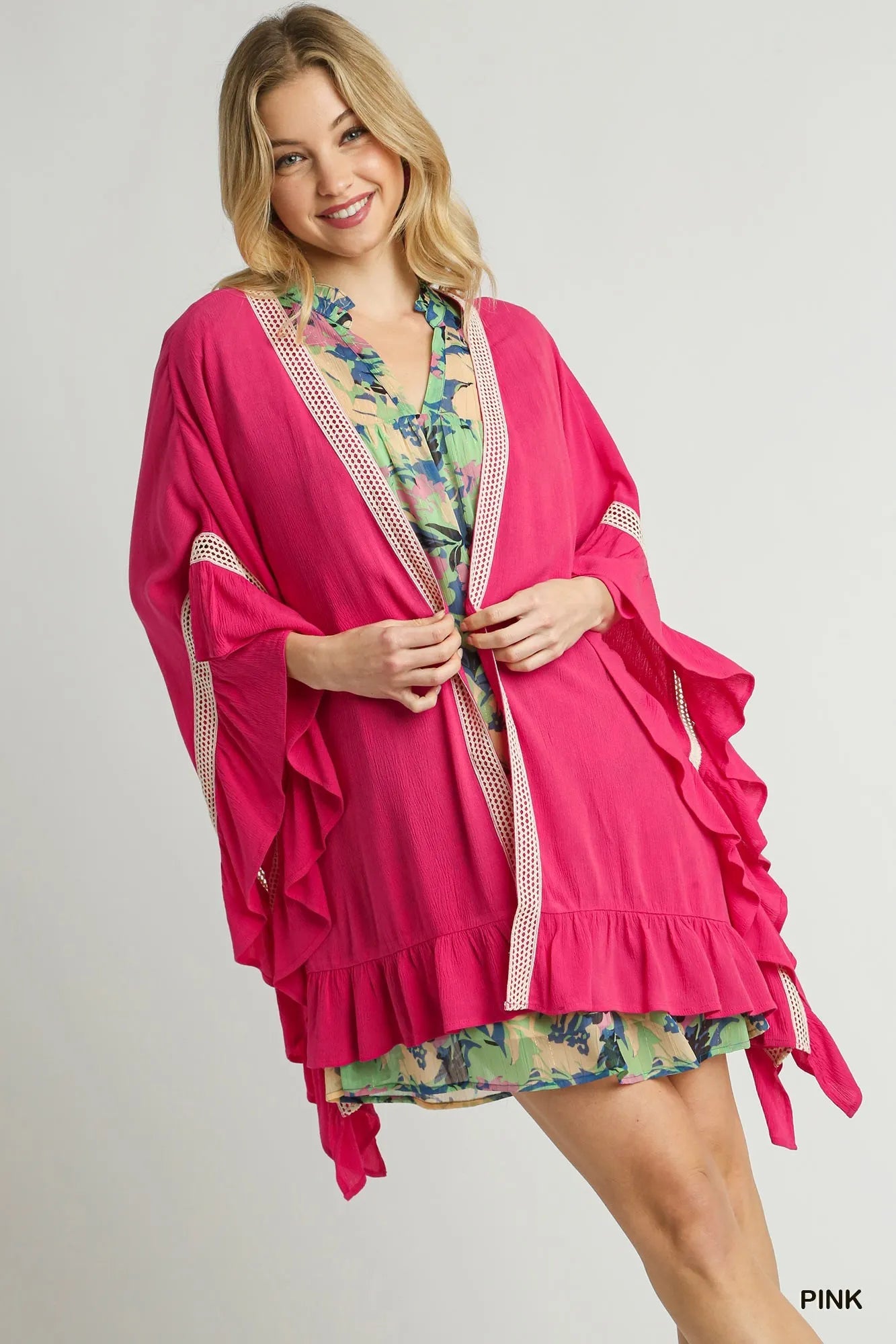 Umgee Ruffle Trim Kimono with Crochet Accent Pink