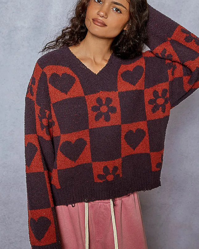 POL V-Neck Heart Pattern Checkered Sweater CHARCOAL BURGUN