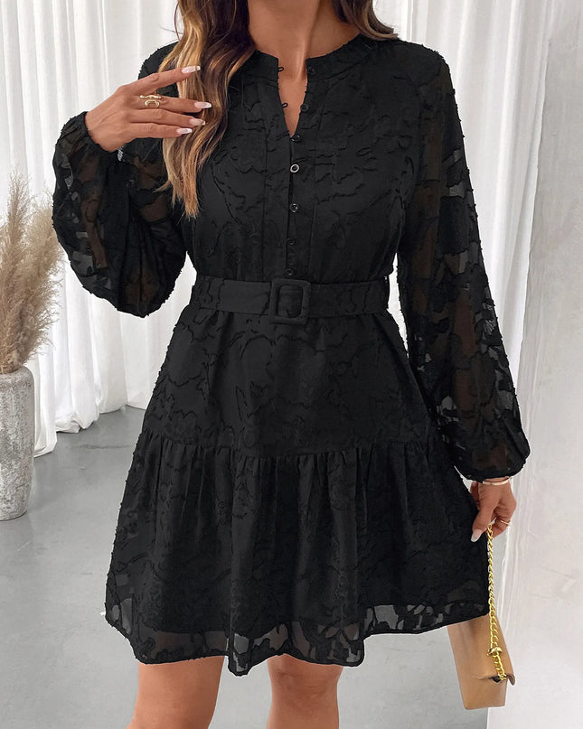 Button-Front Balloon Sleeve Mini Dress Black