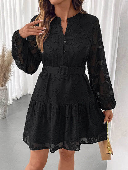 Button-Front Balloon Sleeve Mini Dress Black