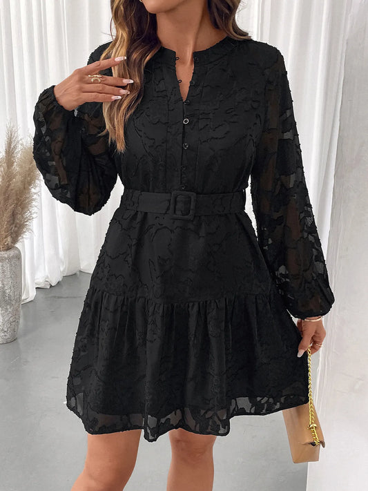 Button-Front Balloon Sleeve Mini Dress Black
