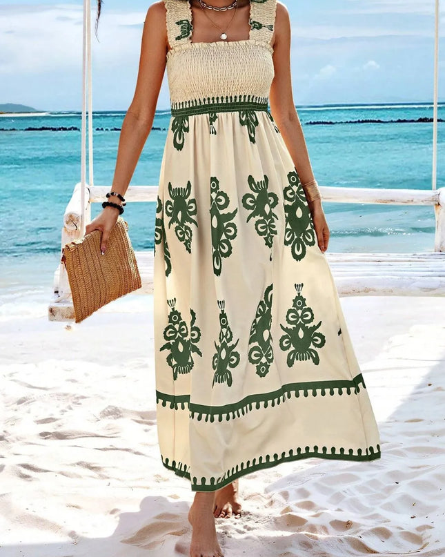 Smocked Printed Wide Strap Maxi Dress 