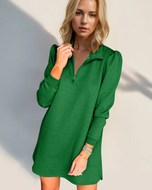 Double Take Textured Quarter Zip Long Sleeve Dress Green