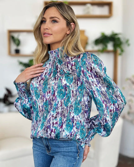 Double Take Full Size Printed Smocked Long Sleeve Blouse