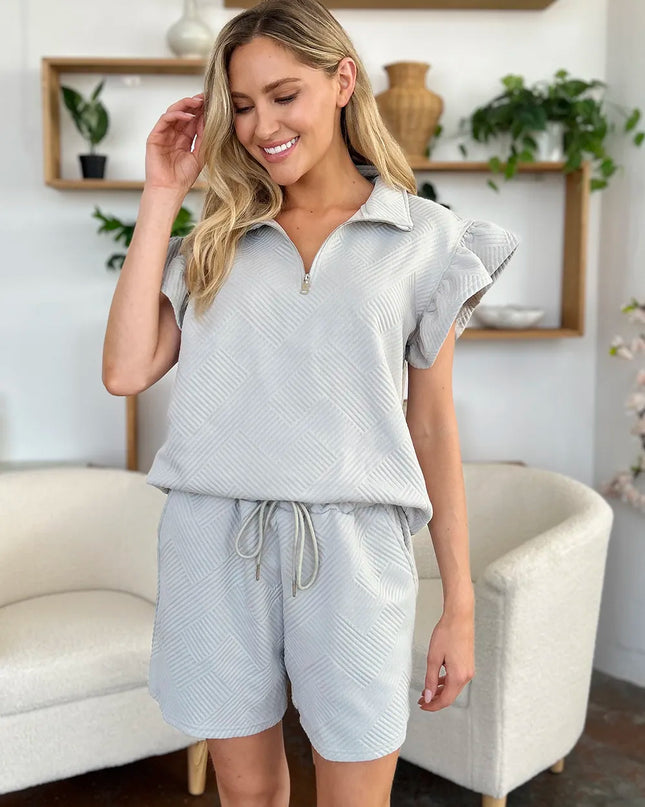 Double Take Full Size Texture Flounce Sleeve Top and Drawstring Shorts Set