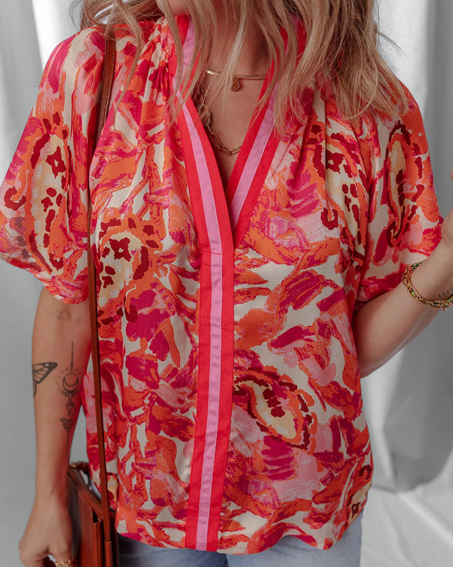 Abstract Print Striped Trim Split Neck Blouse