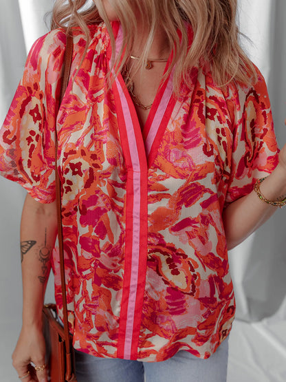 Abstract Print Striped Trim Split Neck Blouse