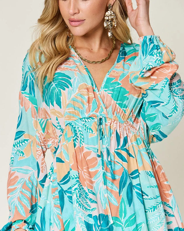 Double Take Full Size Printed V-Neck Drawstring Dress