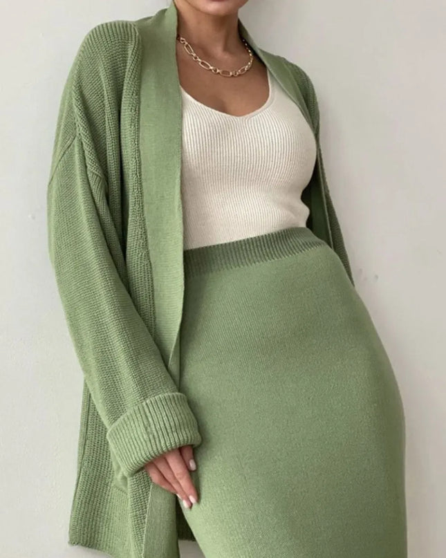 Pocketed Long Sleeve Cardigan and Skirt Sweater Set
