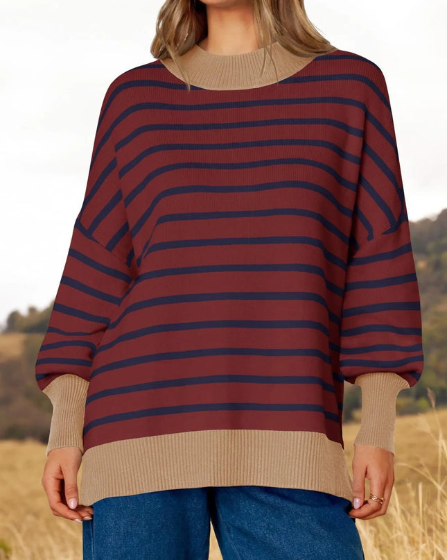 Striped Round Neck Long Sleeve Sweater Wine Red