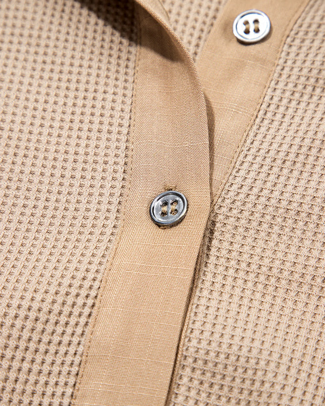 Waffle Patchwork Button Up Frayed Hem Shirt