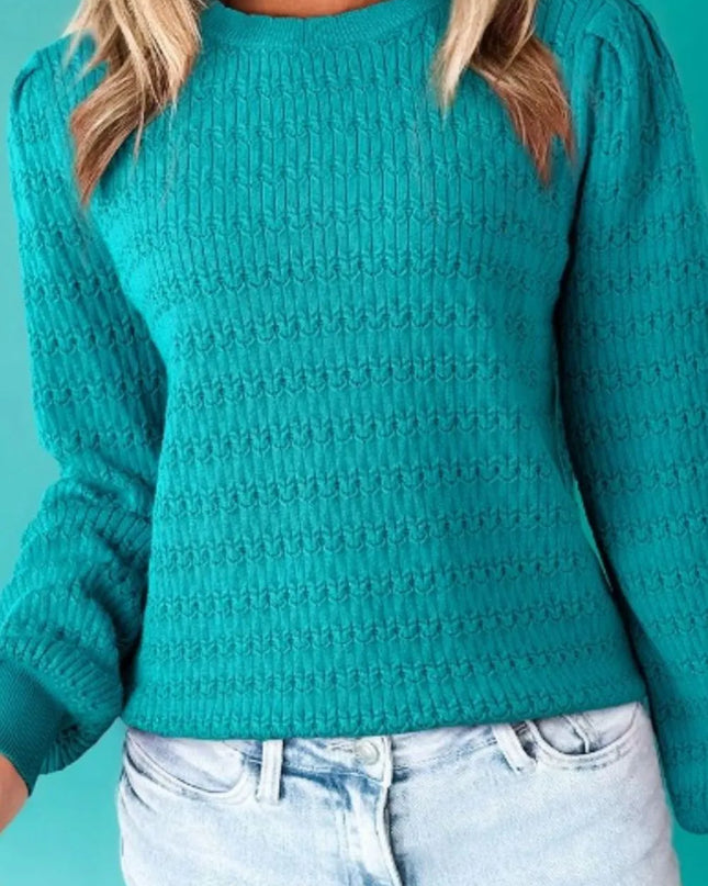 Texture Round Neck Long Sleeve Sweater Teal