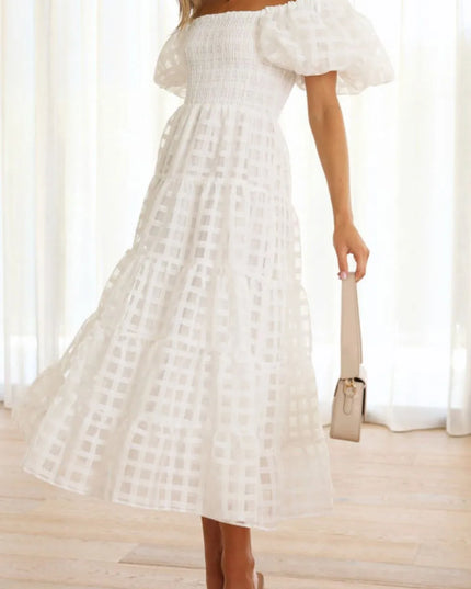 Off Shoulder Short Puff Sleeve Midi Dress White