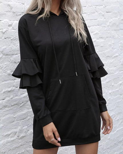 Ruffled Drawstring Long Sleeve Hooded Dress
