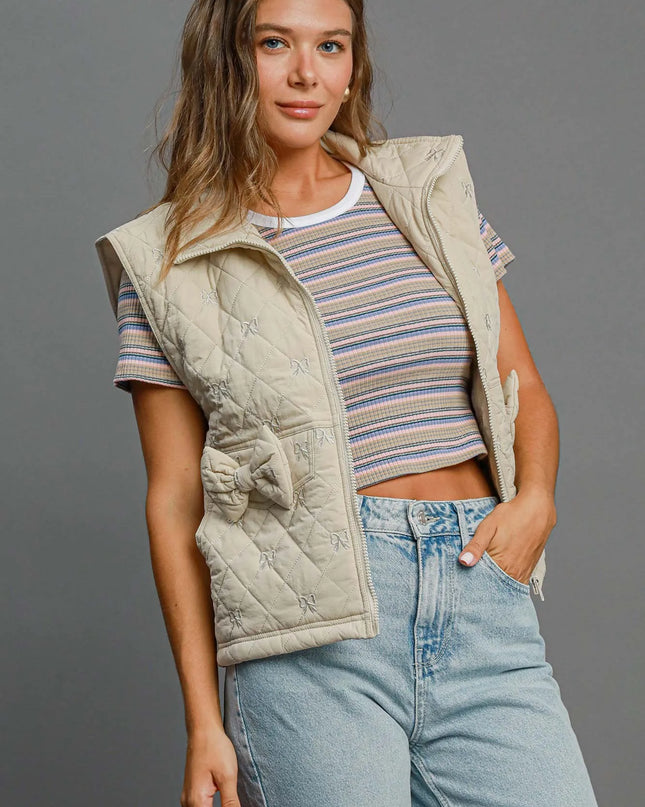 Umgee Sleeveless Quilted Vest with Bow Details
