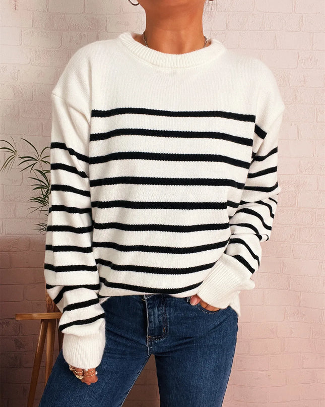 Striped Round Neck Drop Shoulder Sweater