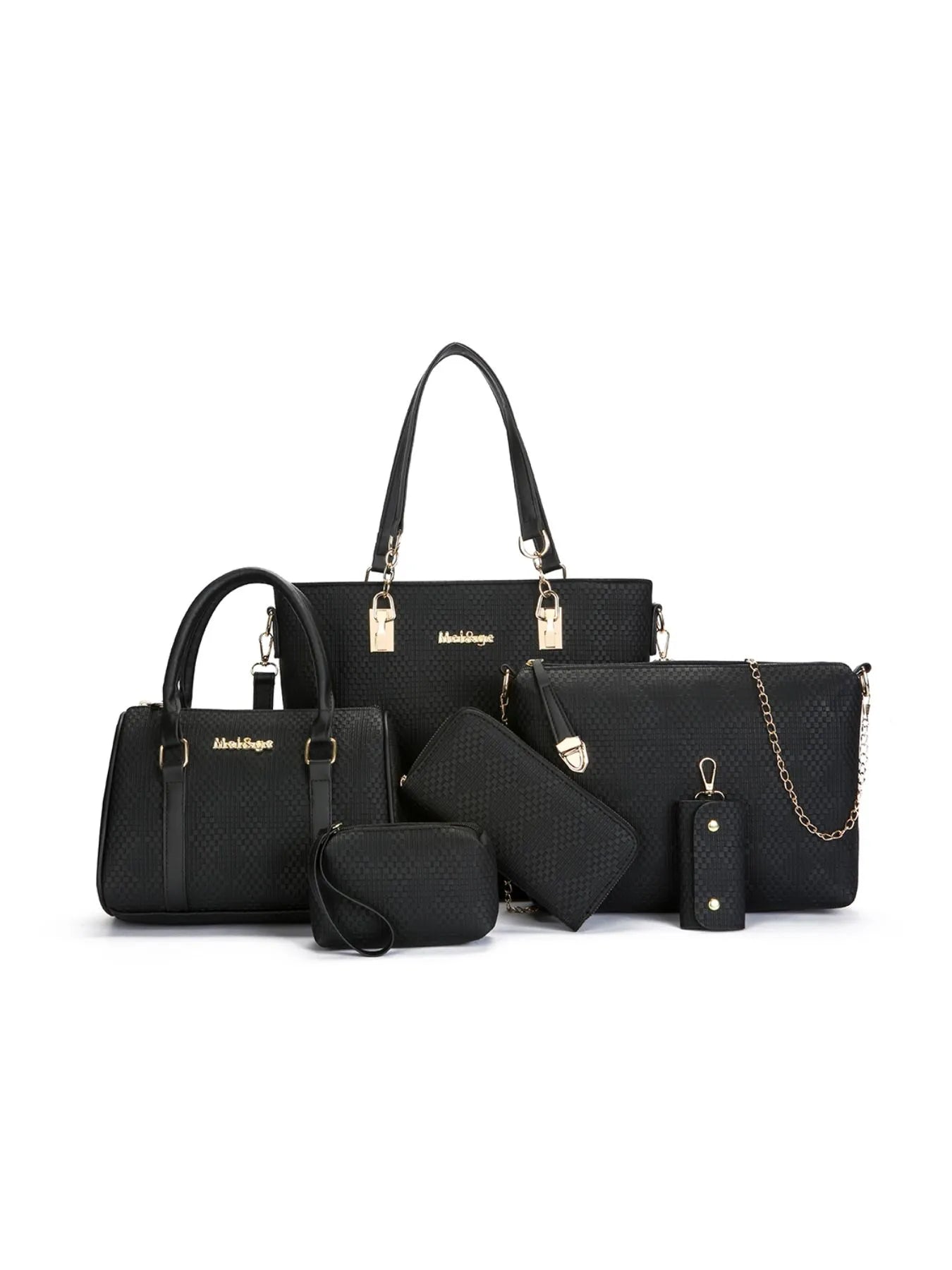 6-Piece Leather Textured Bag Set Black onesize