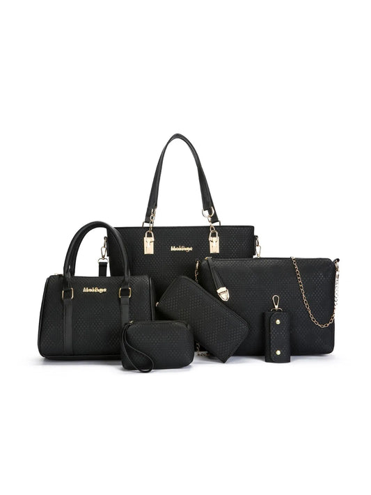 6-Piece Leather Textured Bag Set Black onesize