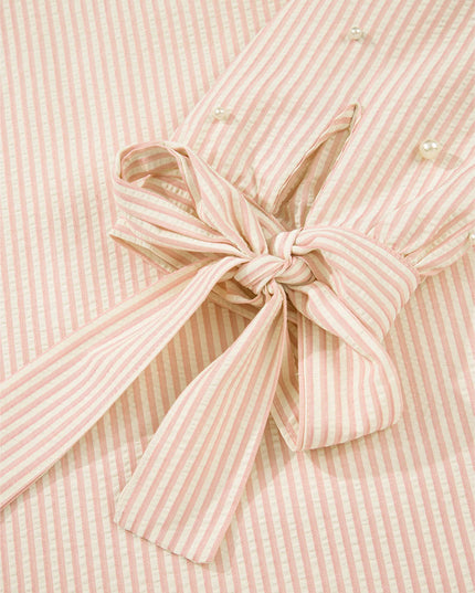 Stripe Bow Knot Cuff Pearl Embellished Puff Sleeve V Neck Blouse