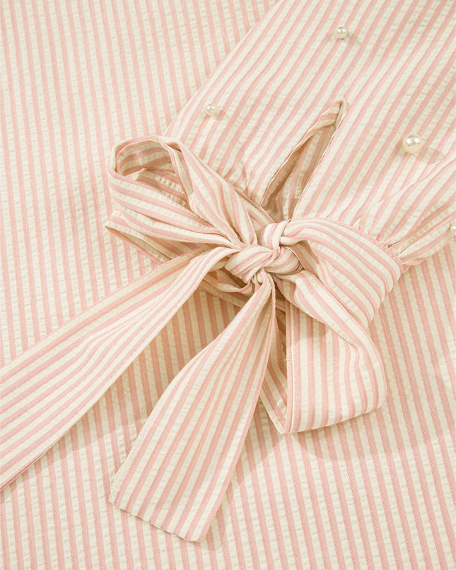 Stripe Bow Knot Cuff Pearl Embellished Puff Sleeve V Neck Blouse