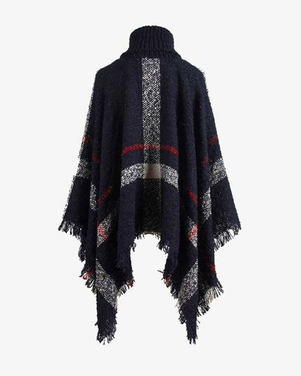 Plaid Turtleneck Raw Hem Poncho