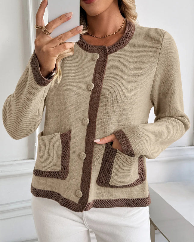 Button-Front Cardigan with Contrast Trim Khaki