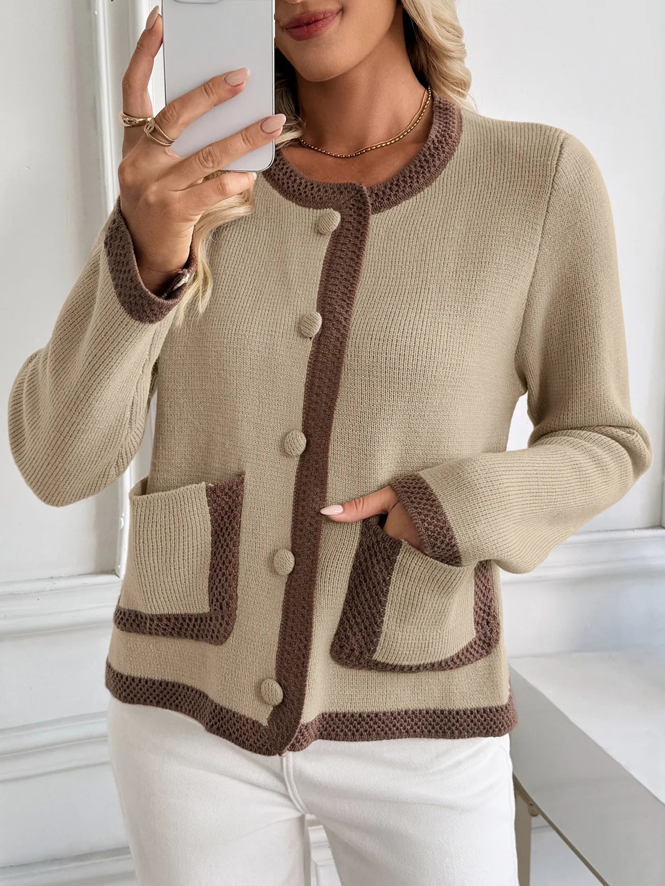 Button-Front Cardigan with Contrast Trim Khaki