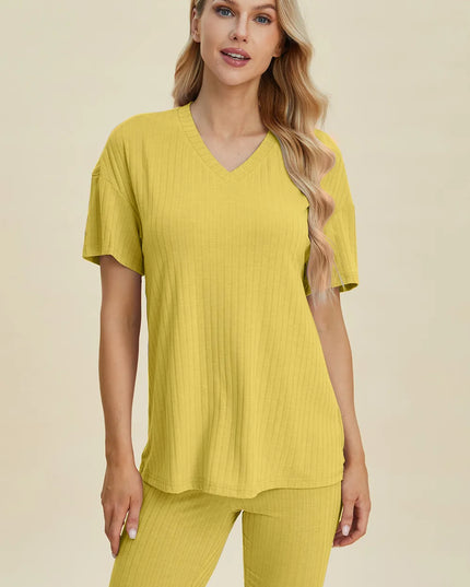 Basic Bae Full Size Ribbed V-Neck Short Sleeve Top and Shorts Set Yellow