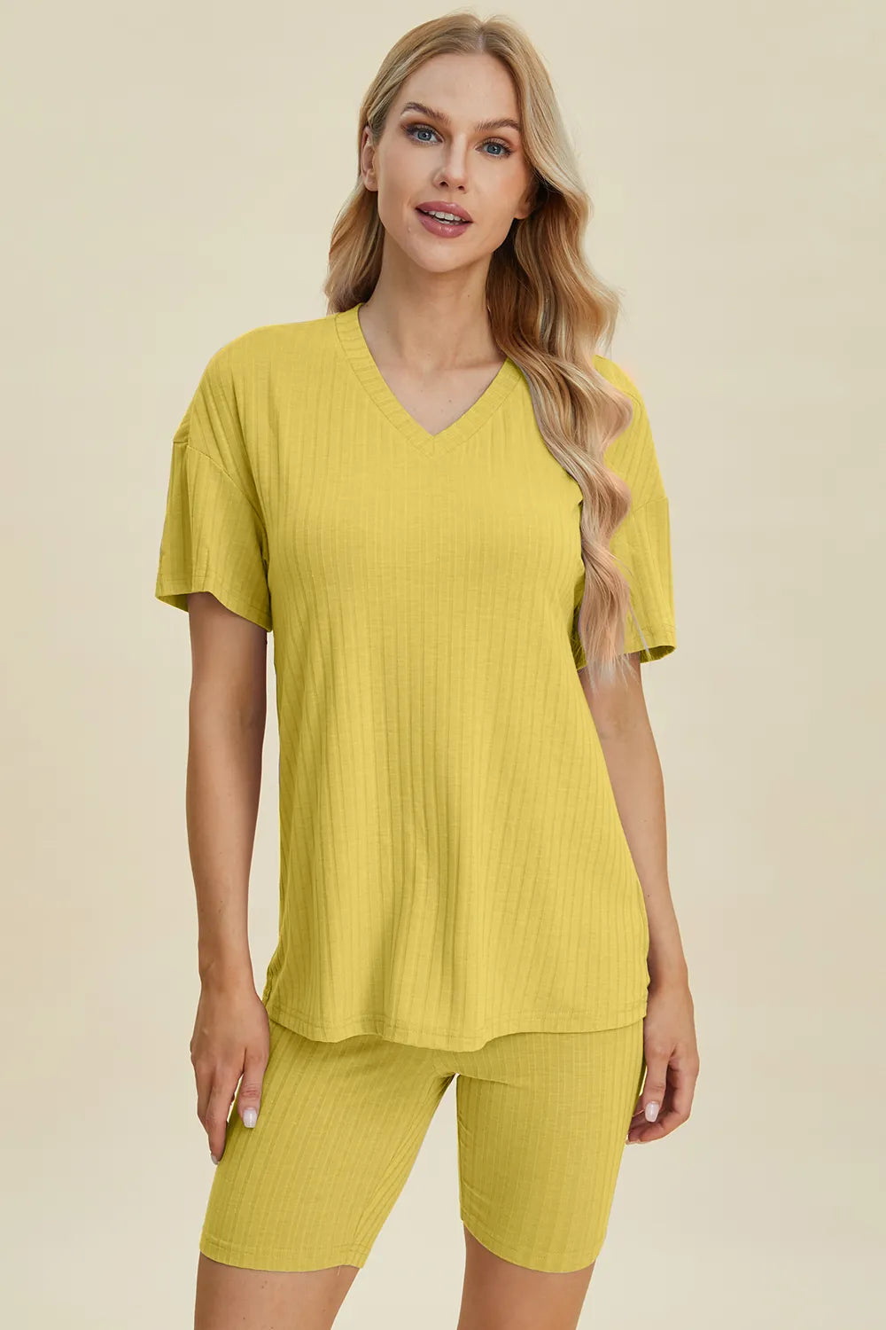 Basic Bae Full Size Ribbed V-Neck Short Sleeve Top and Shorts Set Yellow
