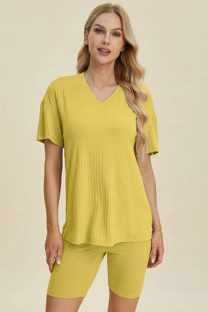 Basic Bae Full Size Ribbed V-Neck Short Sleeve Top and Shorts Set Yellow