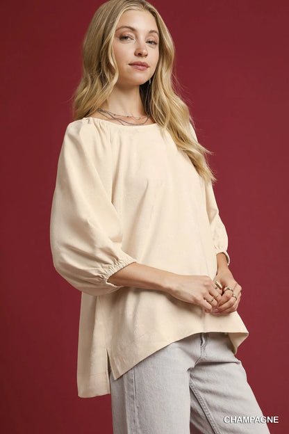Umgee Side Slit 3/4 Sleeve Blouse