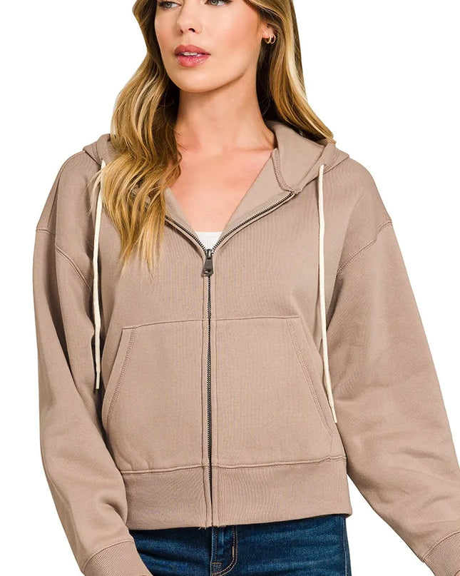 Zenana Fleece Cropped Zip-up Hoodie with Pockets