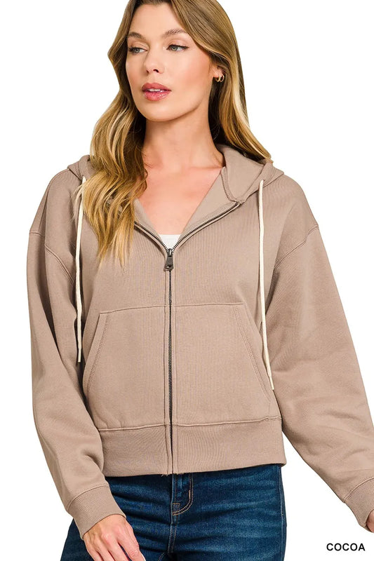 Zenana Fleece Cropped Zip-up Hoodie with Pockets