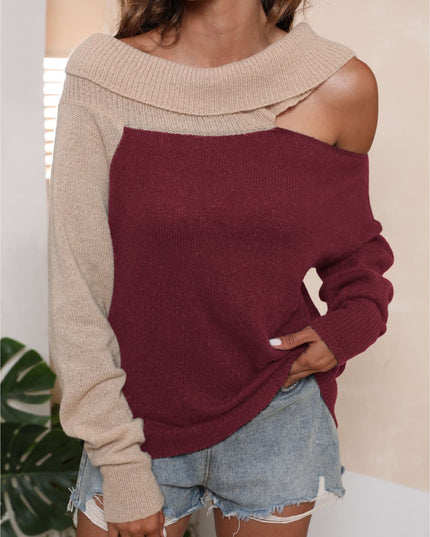 Asymmetrical Long Sleeve Two-Tone Cutout Sweater