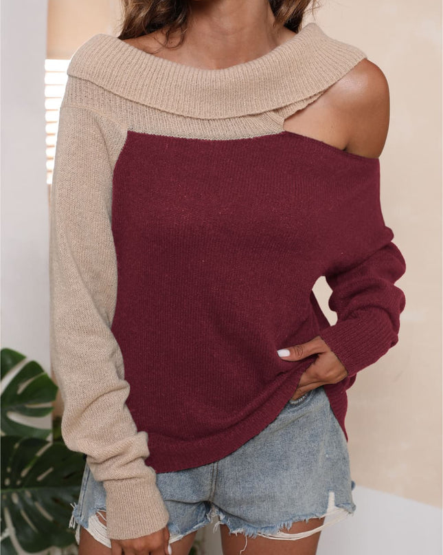 Asymmetrical Long Sleeve Two-Tone Cutout Sweater
