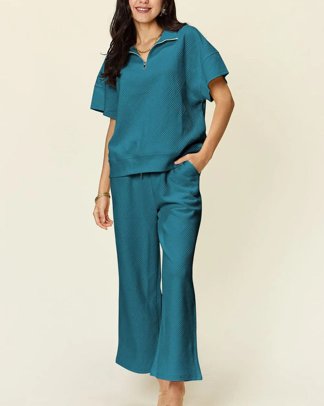 Double Take Full Size Texture Half Zip Short Sleeve Top and Pants Set Teal