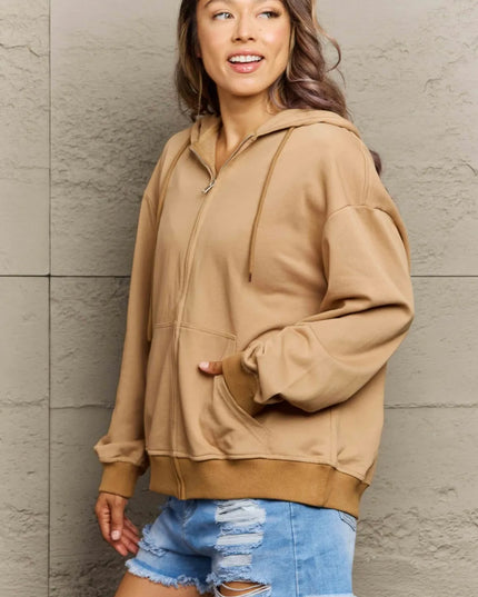 Full Size Zip Up Long Sleeve Hooded Jacket