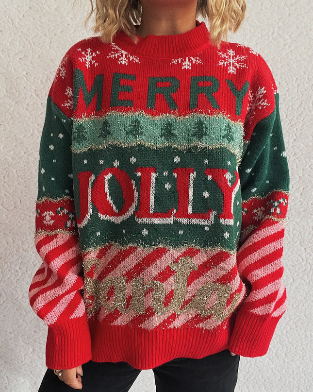 Christmas Letter Round Neck Long Sleeve Sweater Red One Size