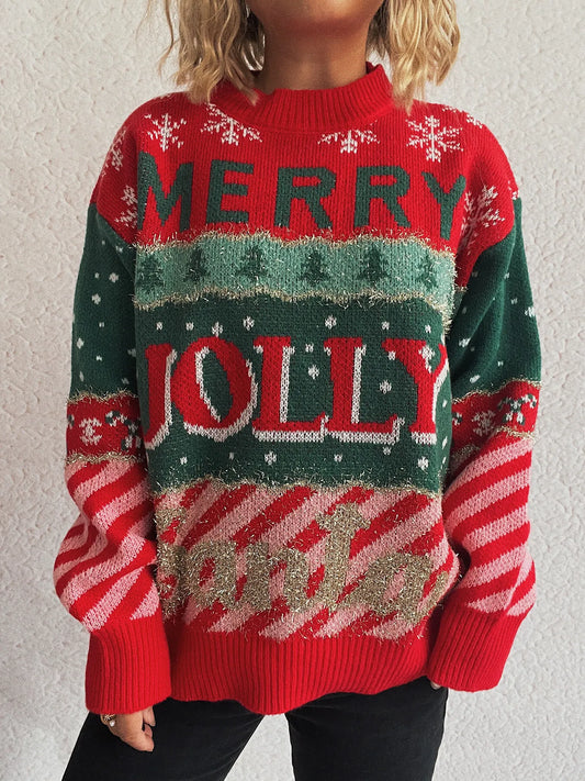Christmas Letter Round Neck Long Sleeve Sweater Red One Size
