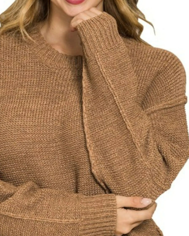 Zenana Exposed Seam Round Neck Sweater