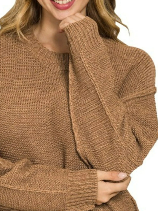 Zenana Exposed Seam Round Neck Sweater