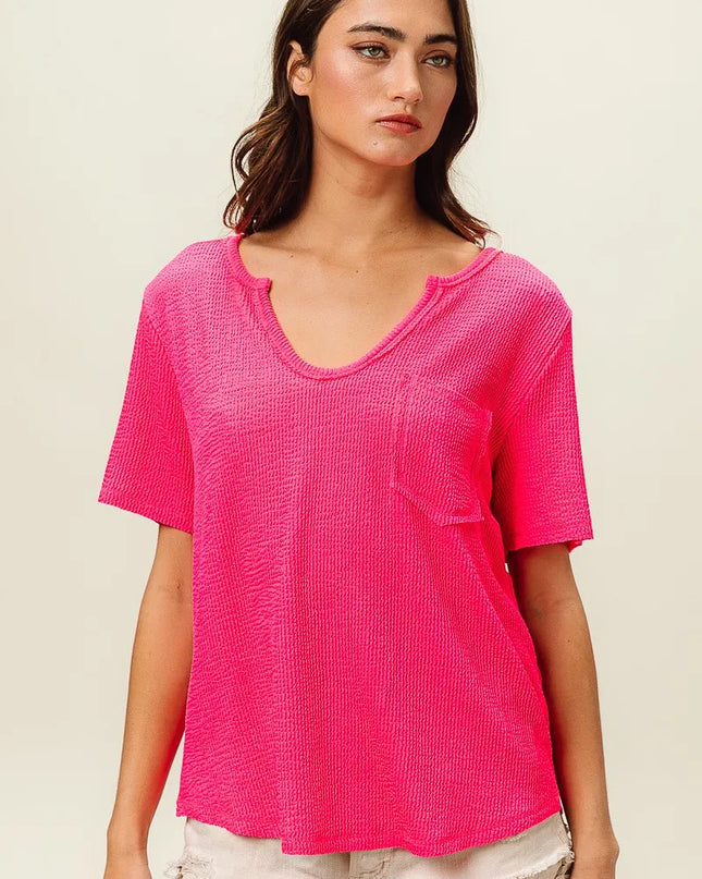 BiBi Waved Rib U Neck Top With Front Pocket