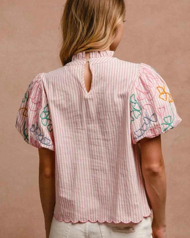BiBi Embroidery Bubble Sleeve Top With Bottom Scallop Detail