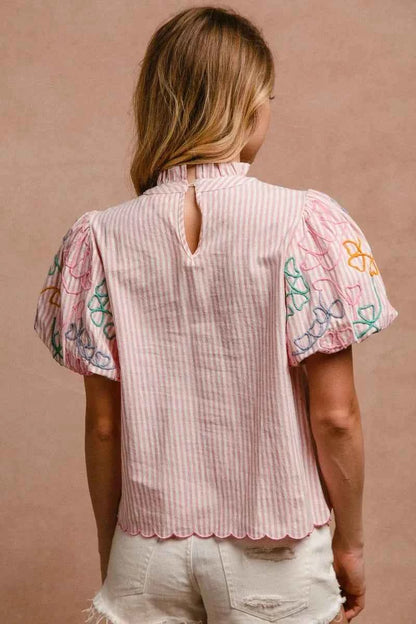 BiBi Embroidery Bubble Sleeve Top With Bottom Scallop Detail
