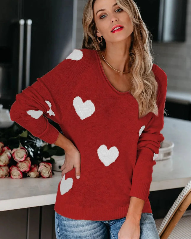 Heart Scoop Neck Long Sleeve Sweater