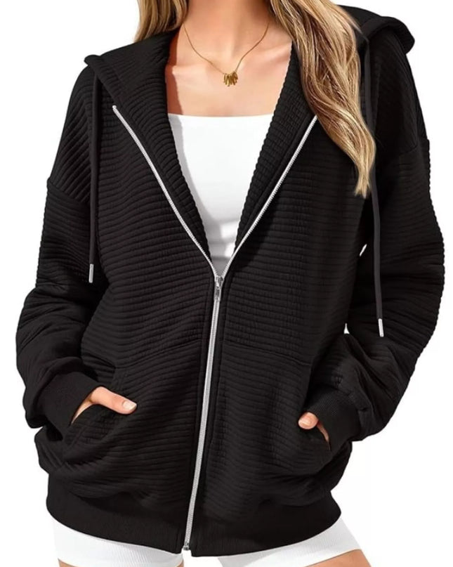 Drawstring Zip Up Dropped Shoulder Hoodie Black