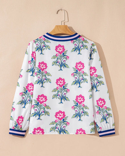 Floral Print Striped V Neck Blouse