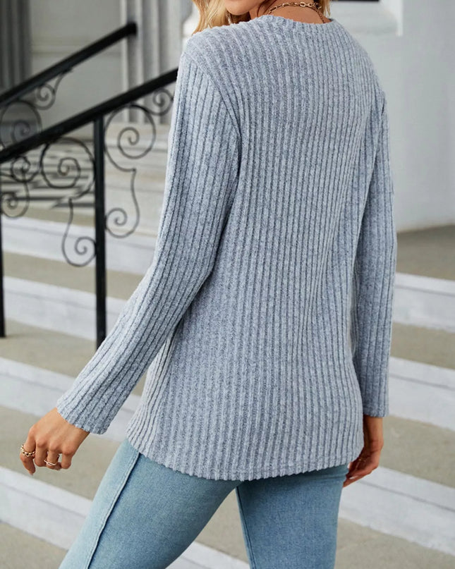Ribbed Knit Decor Button T-Shirt