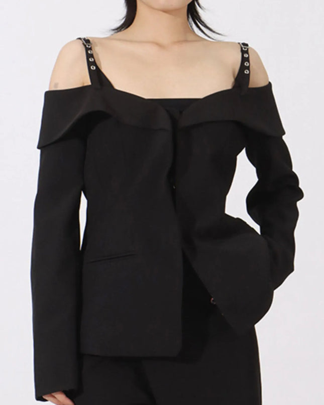 Ruffled Cold Shoulder Long Sleeve Outerwear Black