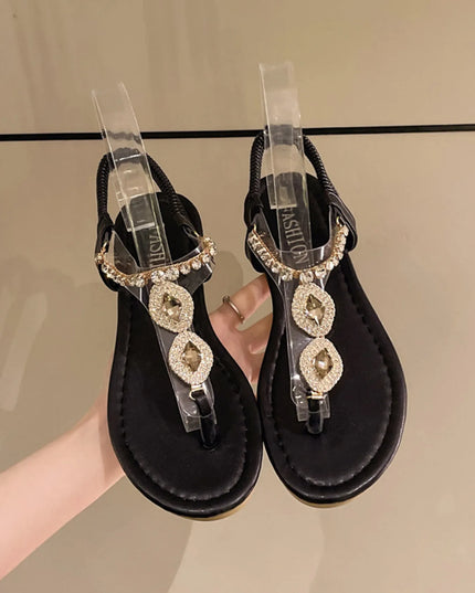 Rhinestone T-Strap Flat Sandals 